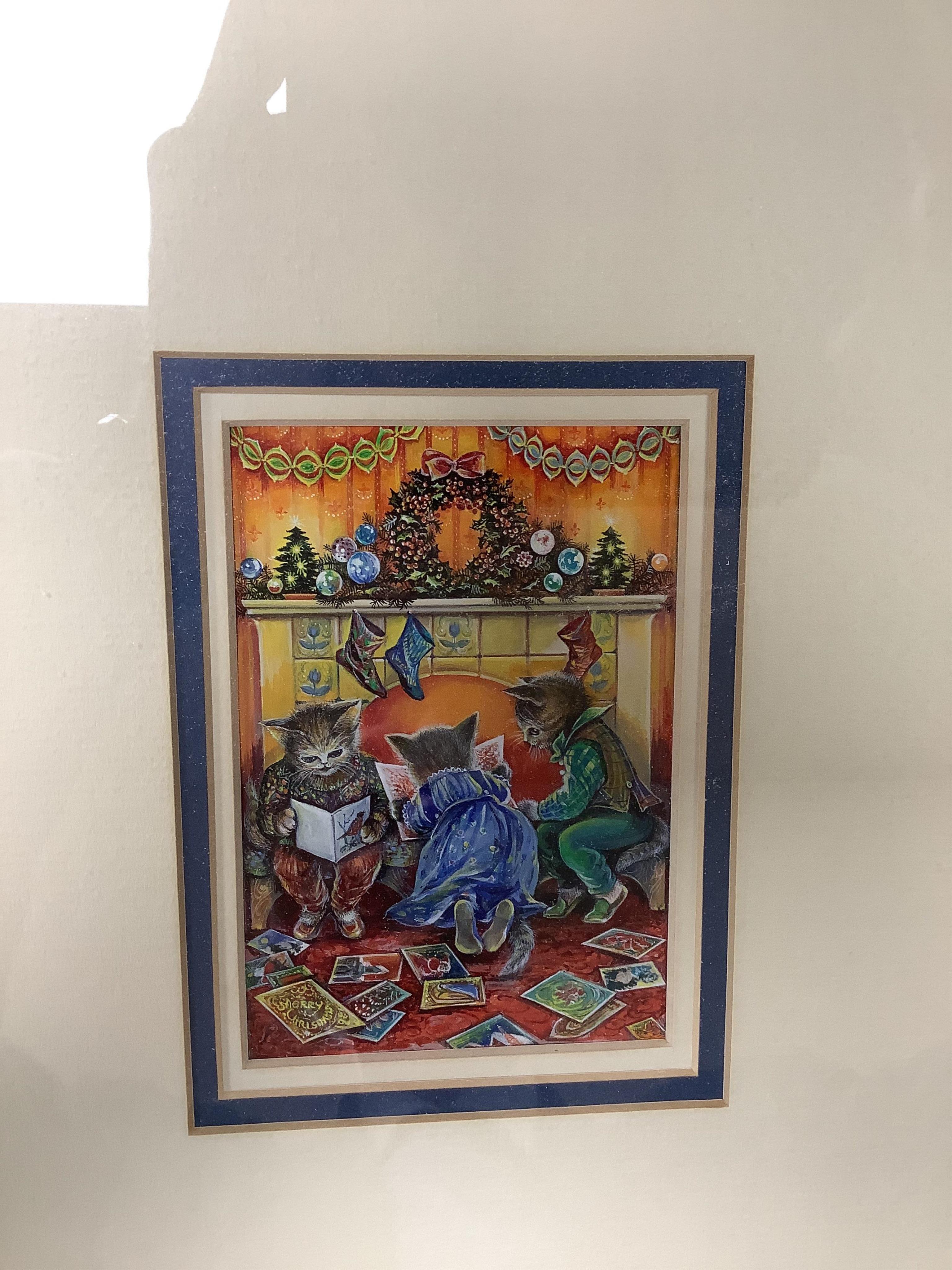 Margaret Pamela Colebourn (1913-2000), set of four watercolour and gouaches, 'The Cat’s Christmas', including Sledge ride with presents and Christmas Eve prayers, E.Stacey -Marks inscribed labels verso, largest 14 x 10.5
